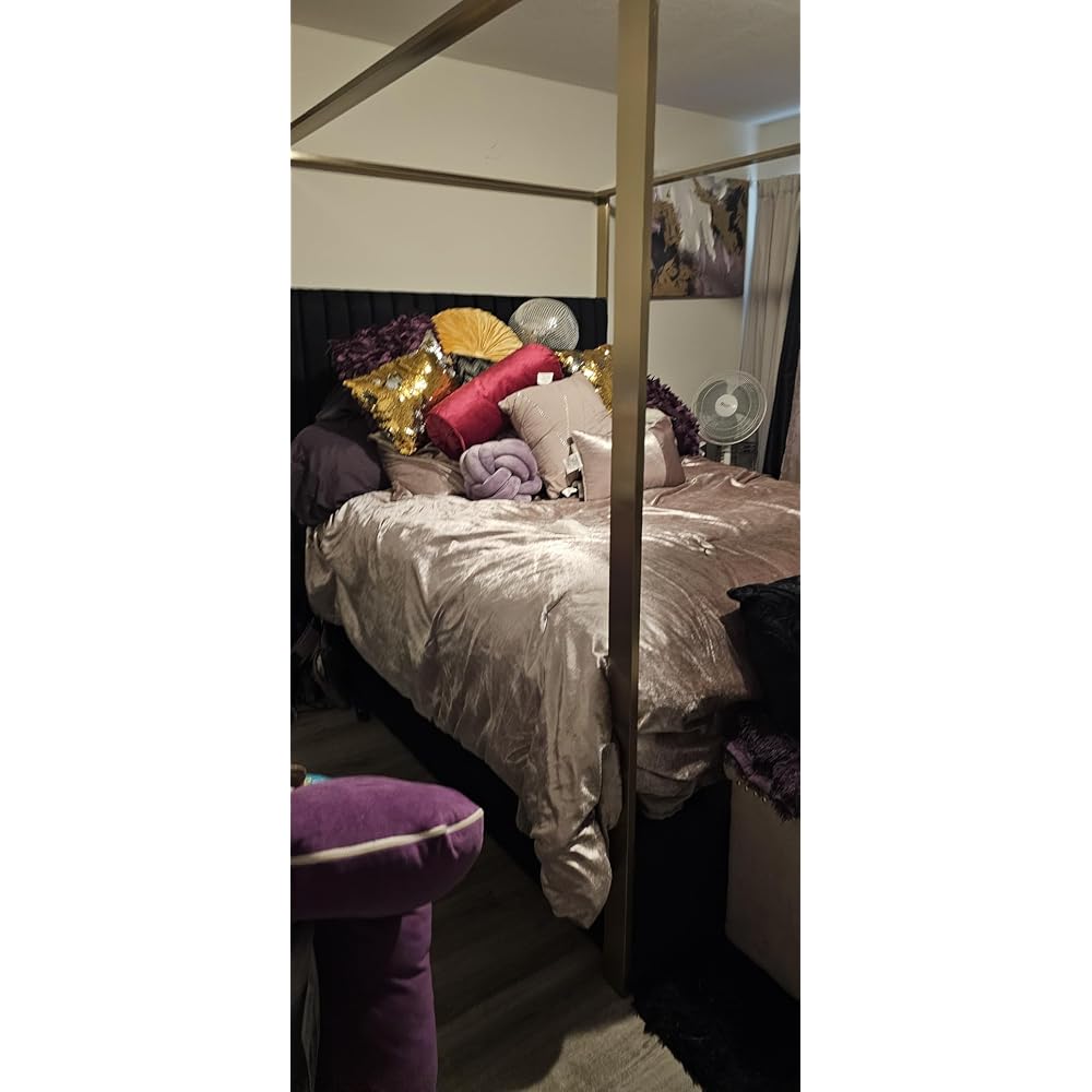 JonesBlack-Q Jones Collection Modern | Contemporary Upholstered Queen Bed, Black Velvet, Channel Tufting, Brushed Brass Frame, 66.5" W x 86.5" D x 79" H, Black, Queen