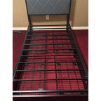 Bed Frame Twin Size with Charging Station and LED Lights, Upholstered Storage Headboard with 4 Drawers, Heavy Duty Metal Slats, Noise Free, Easy Assembly, No Box Spring Needed