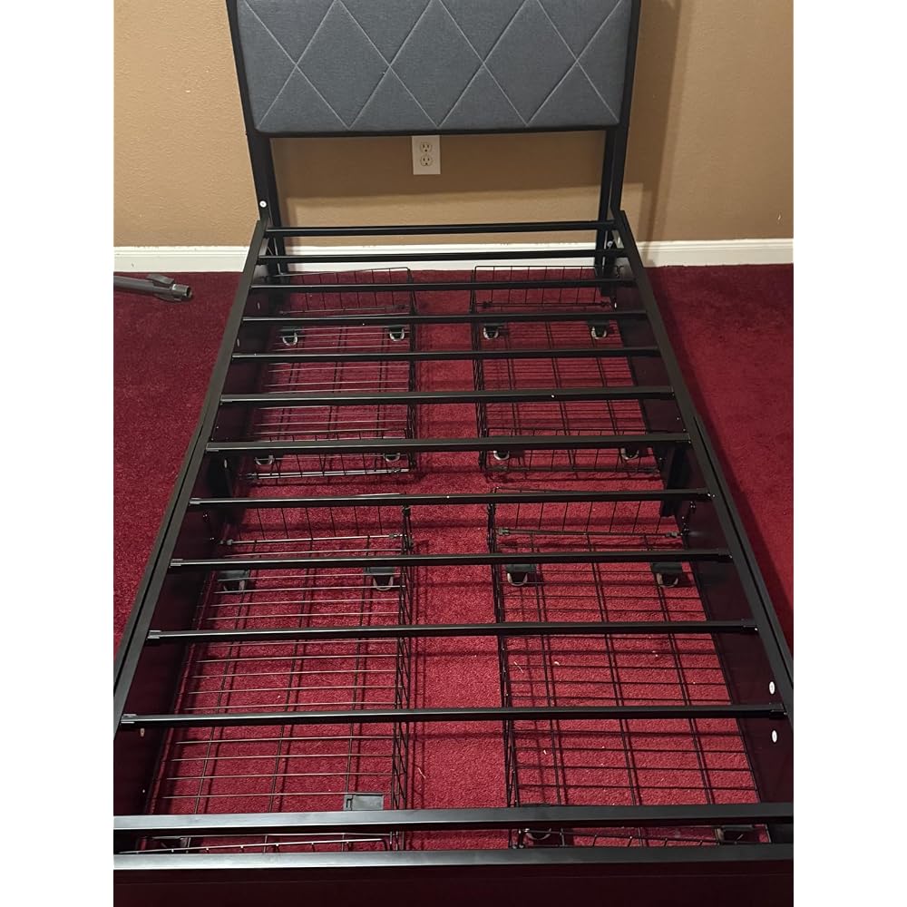 Bed Frame Twin Size with Charging Station and LED Lights, Upholstered Storage Headboard with 4 Drawers, Heavy Duty Metal Slats, Noise Free, Easy Assembly, No Box Spring Needed