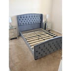 Queen Size Bed Frame with Velvet Upholstered Wingback Headboard