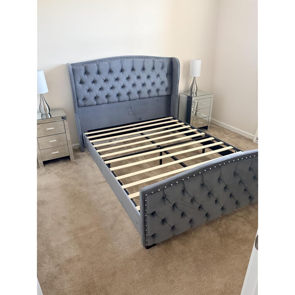 Queen Size Bed Frame with Velvet Upholstered Wingback Headboard