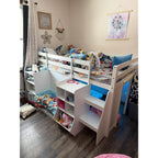 Low Loft Bed Twin Size with LED Lights, Wooden Kids Twin Loft Bed with Storage Bookcase, Toy Box, Reading Nook and Secret Play Space, Modern loft Bed with Stairs and Safety Guardrails for Boys Girls