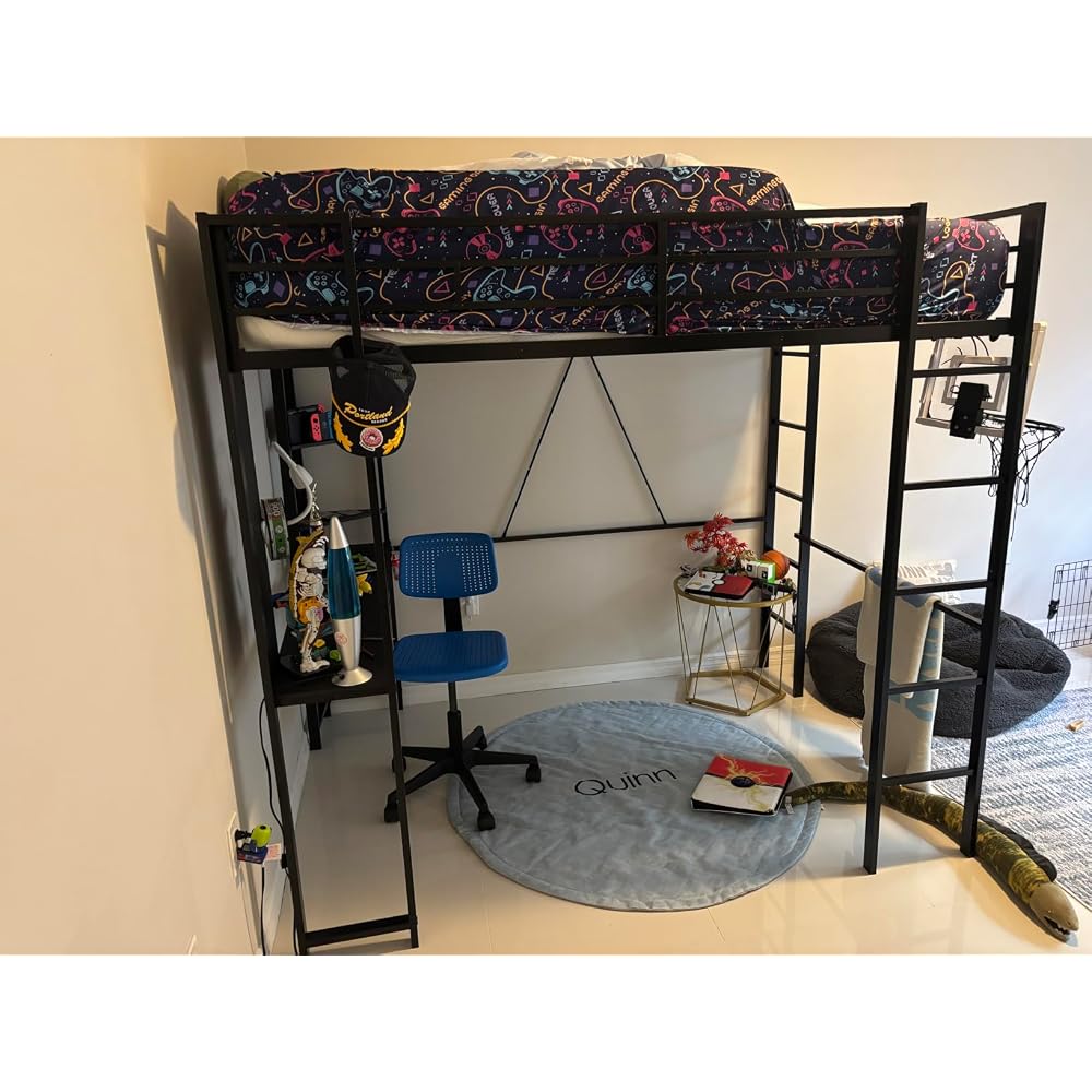 Loft Bed Full Size with Desk and Storage Shelves, Frame with 2 Side Ladders for Kids, Teens Adults, Spcace-Saving Noise-Free and Anti-tilt Design, Black