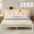 Queen Size Bed Frame with Charging Station and LED Lights, White