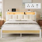 Queen Size Bed Frame with Charging Station and LED Lights, White