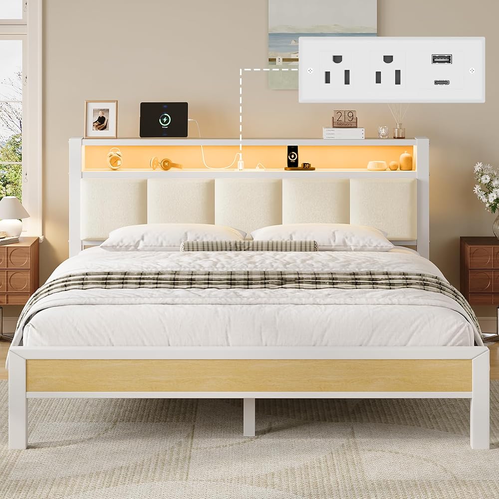 Queen Size Bed Frame with Charging Station and LED Lights, White