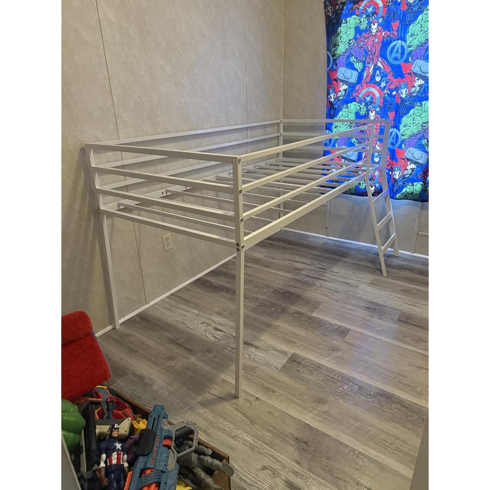 Loft Bed Twin Size with Stairs and Guard, White