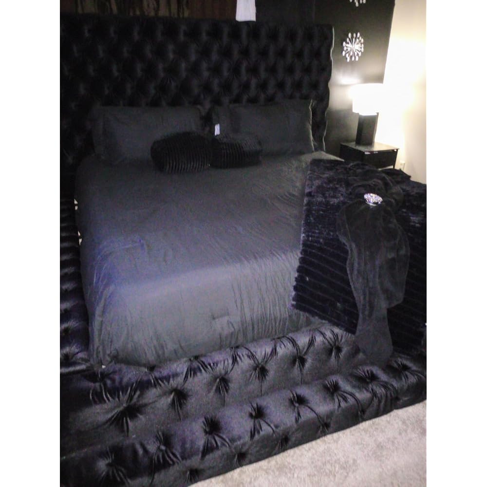 Sable Fabric Upholstered Step Up King-Size Platform Bed with Oversized Headboard, Deep Button Tufting, No Box Spring Required for Bedroom, Guest Room, Black