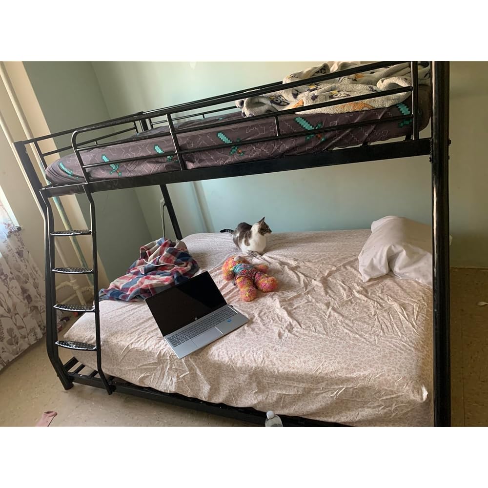 Metal Bunk Bed, Full Over Full Bunk Beds, Full Size Bunk Bed with Safety Guardrail and Ladder, Twin Bunk Beds, No Box Spring Needed, Noise Free for Apartment, Bedroom (Black)