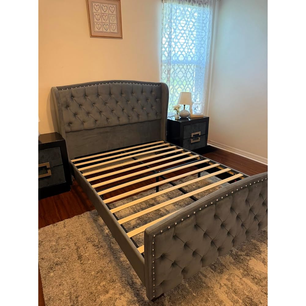 Queen Size Bed Frame with Velvet Upholstered Wingback Headboard