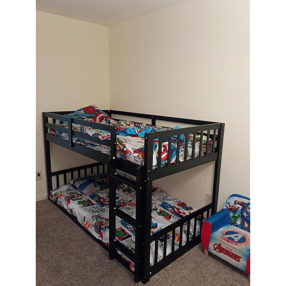 Solid Wood Low Twin Over Twin Bunk Bed for Kids/Junior, Bunk Bed Frame with Guardrails & Ladder for Boys Girls, No Box Spring Needed (White)