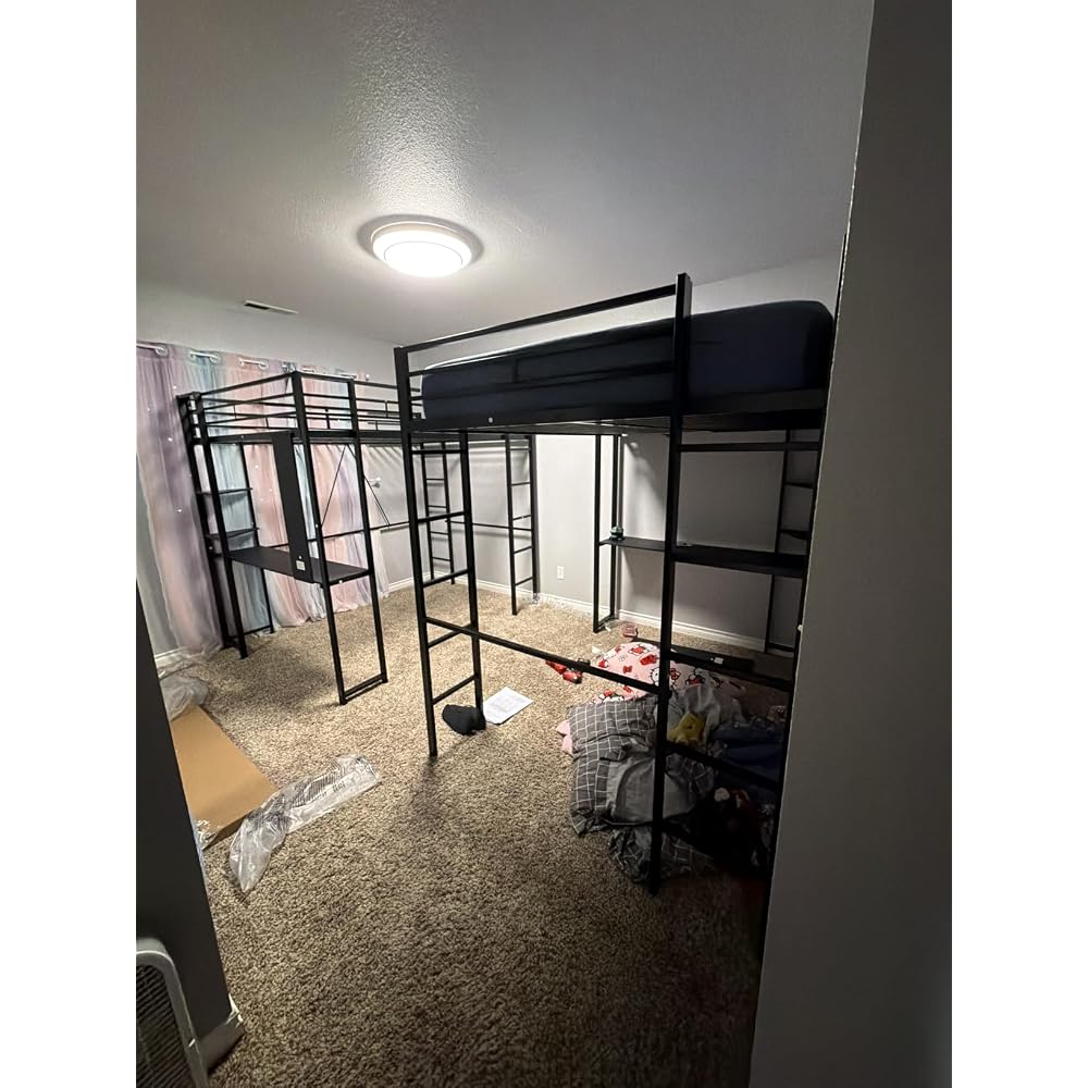 Loft Bed Full Size with Desk and Storage Shelves, Frame with 2 Side Ladders for Kids, Teens Adults, Spcace-Saving Noise-Free and Anti-tilt Design, Black