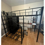 Full Size Loft Bed with Desk, Stairs & LED Light, Metal Gaming Loft Bed Frame with Headboard, Safety Guardrails, Charging Station, Closet & Fabric Drawers, Space Saving, Black & Burnt Wood
