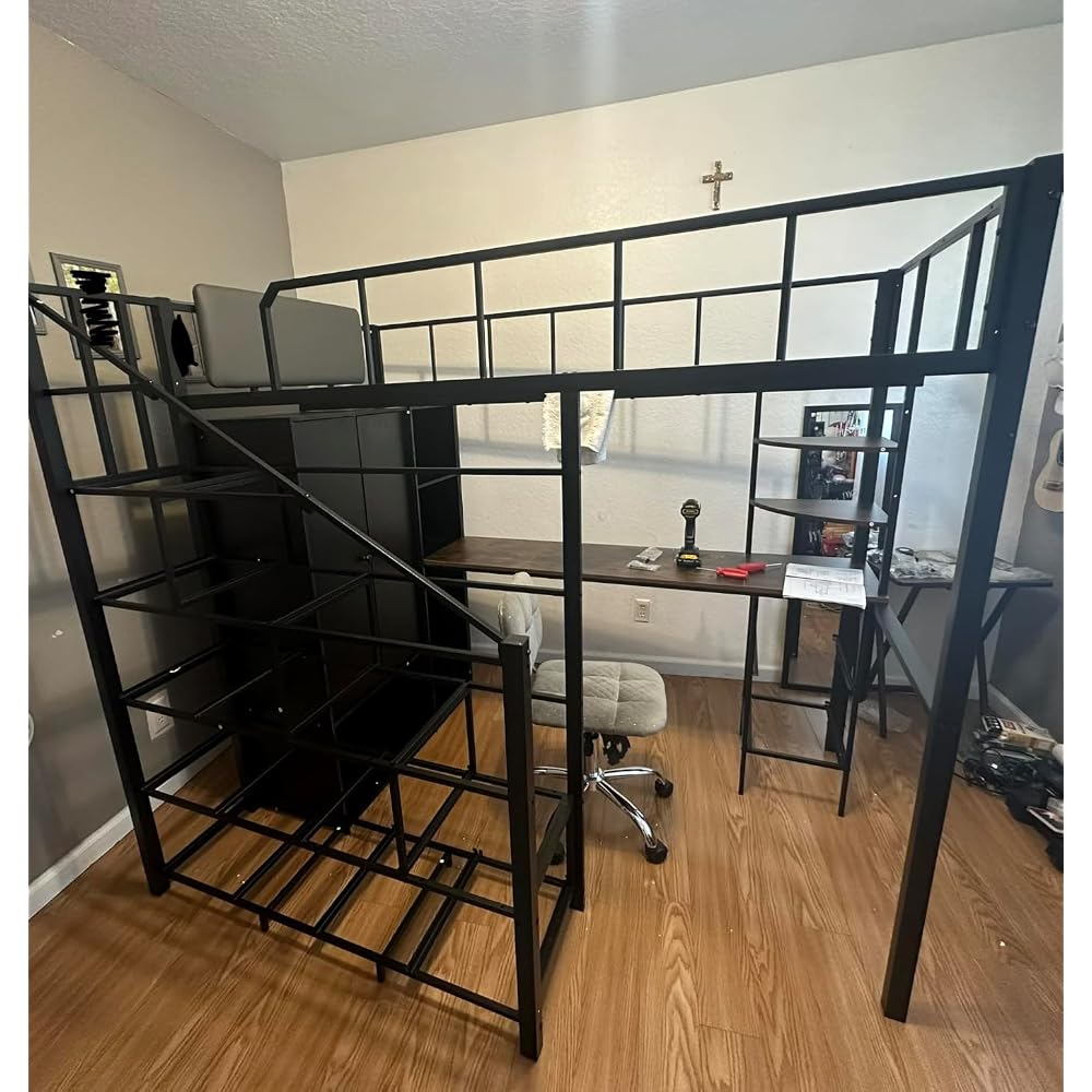 Full Size Loft Bed with Desk, Stairs & LED Light, Metal Gaming Loft Bed Frame with Headboard, Safety Guardrails, Charging Station, Closet & Fabric Drawers, Space Saving, Black & Burnt Wood
