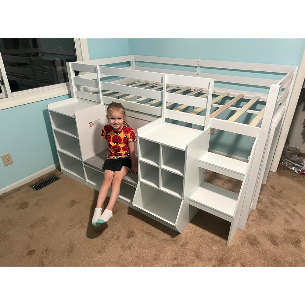 Low Loft Bed Twin Size with LED Lights, Wooden Kids Twin Loft Bed with Storage Bookcase, Toy Box, Reading Nook and Secret Play Space, Modern loft Bed with Stairs and Safety Guardrails for Boys Girls