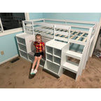 Low Loft Bed Twin Size with LED Lights, Wooden Kids Twin Loft Bed with Storage Bookcase, Toy Box, Reading Nook and Secret Play Space, Modern loft Bed with Stairs and Safety Guardrails for Boys Girls