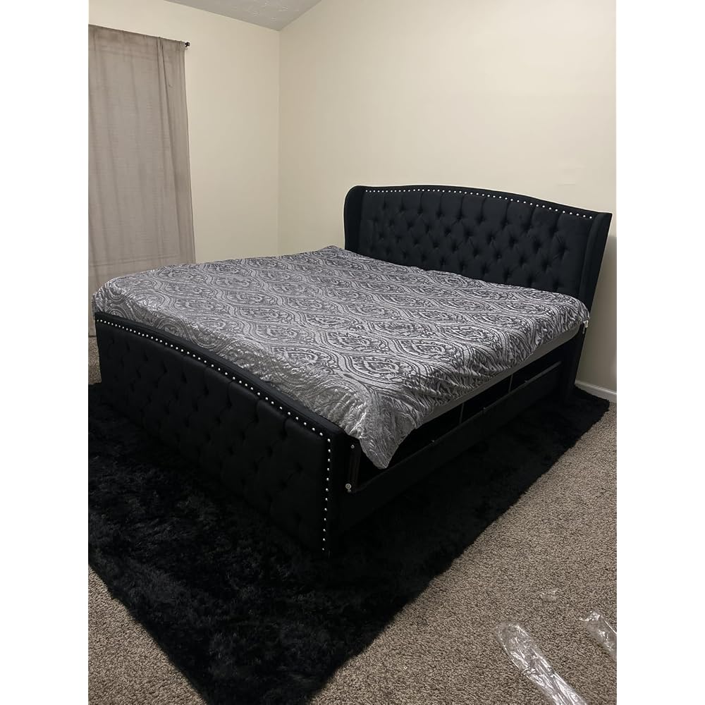 Queen Size Bed Frame with Velvet Upholstered Wingback Headboard