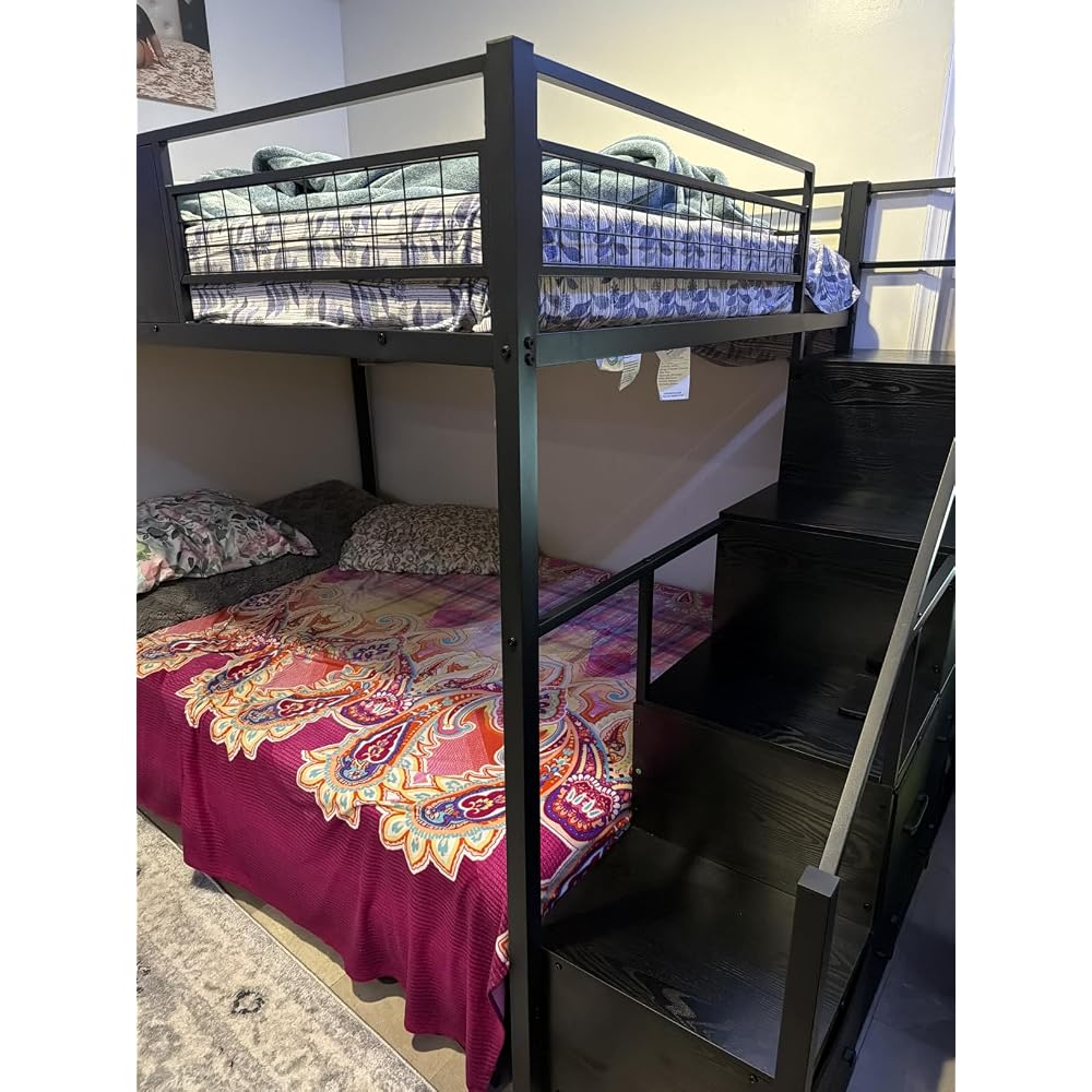 Bunk Bed Full Over Full with Stairs, Storage Drawers and LED Lights
