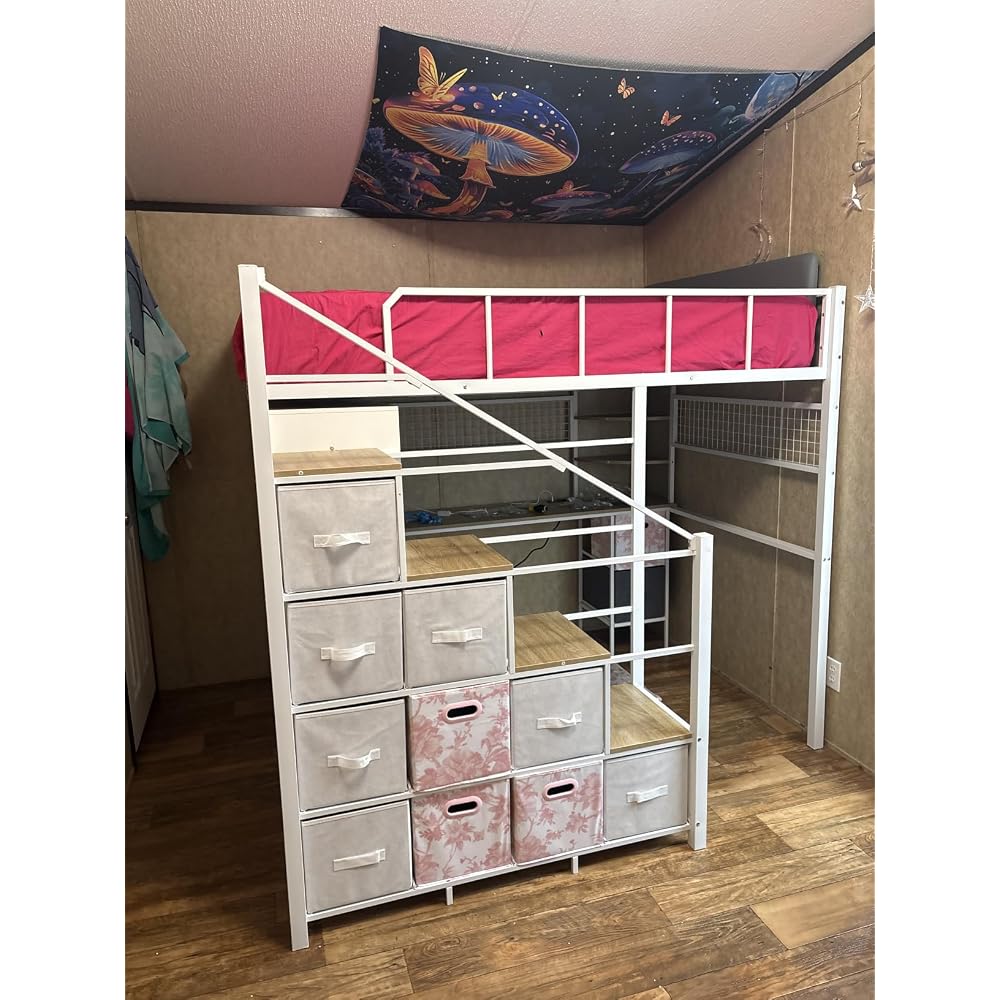 Full Size Loft Bed with Desk, Stairs & LED Light, Metal Gaming Loft Bed Frame with Headboard, Safety Guardrails, Charging Station, Closet & Fabric Drawers, Space Saving, Black & Burnt Wood
