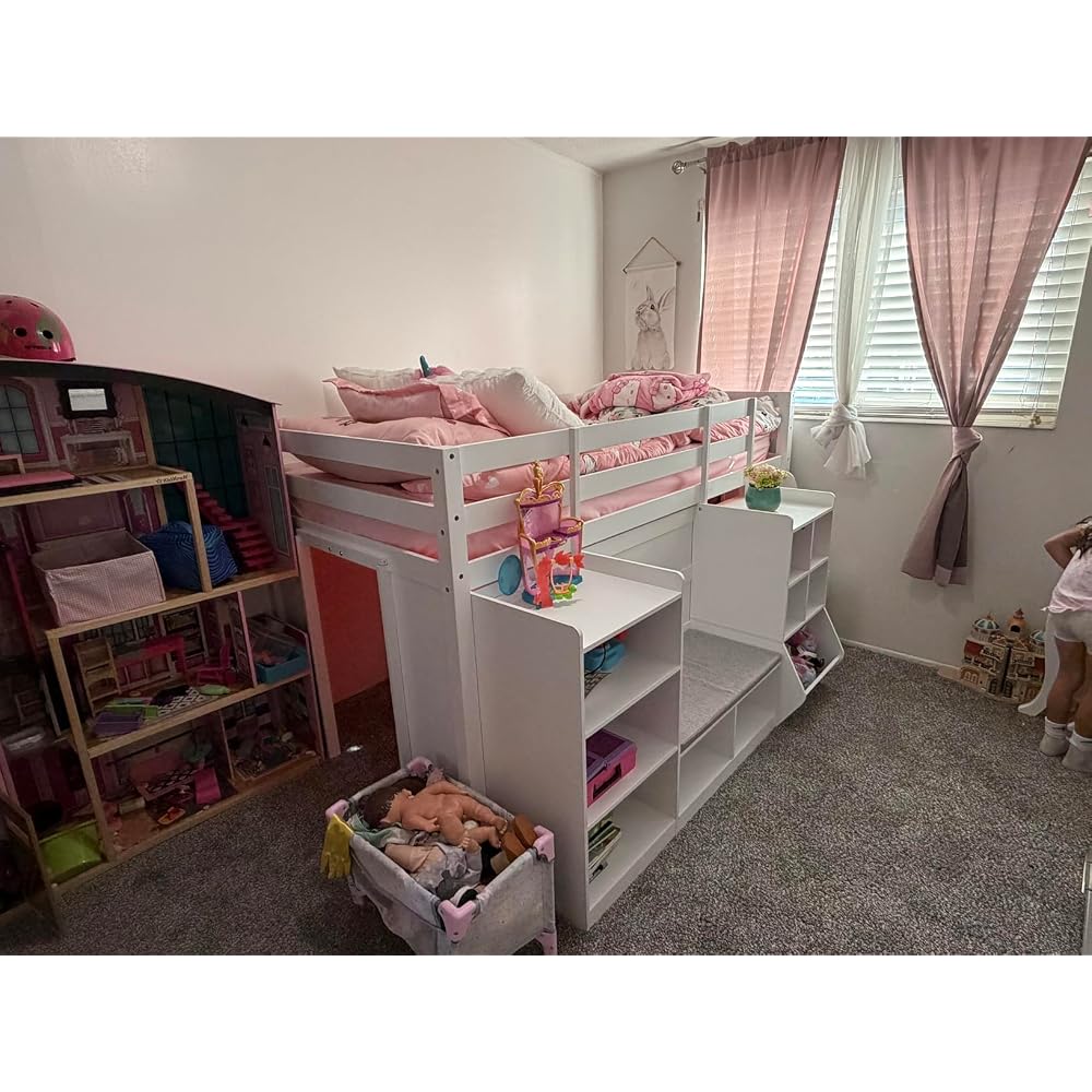 Low Loft Bed Twin Size with LED Lights, Wooden Kids Twin Loft Bed with Storage Bookcase, Toy Box, Reading Nook and Secret Play Space, Modern loft Bed with Stairs and Safety Guardrails for Boys Girls