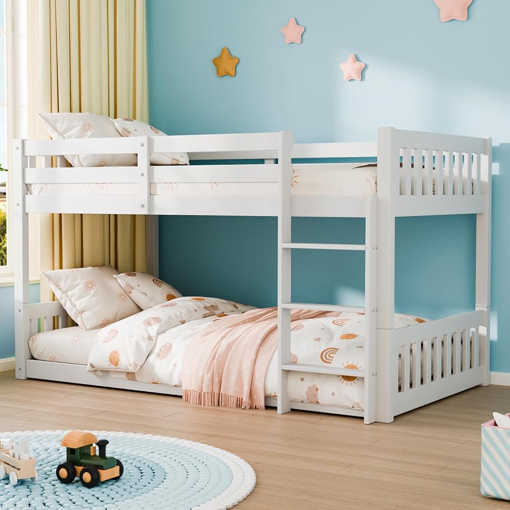 Solid Wood Low Twin Over Twin Bunk Bed for Kids/Junior, Bunk Bed Frame with Guardrails & Ladder for Boys Girls, No Box Spring Needed (White)