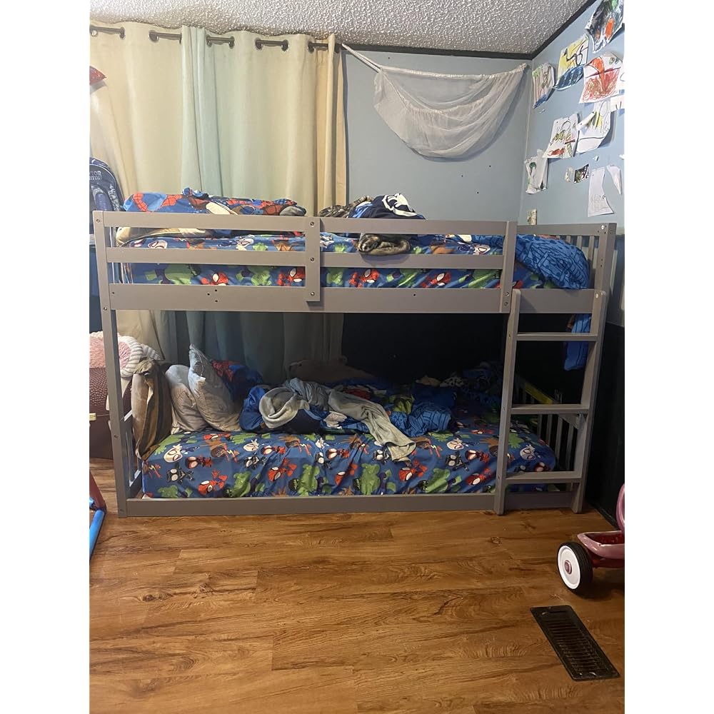Solid Wood Low Twin Over Twin Bunk Bed for Kids/Junior, Bunk Bed Frame with Guardrails & Ladder for Boys Girls, No Box Spring Needed (White)