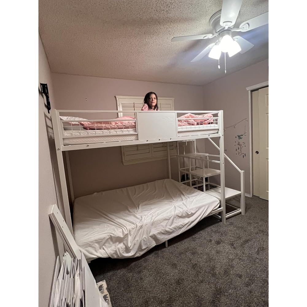Bunk Bed Full Over Full with Stairs, Storage Drawers and LED Lights