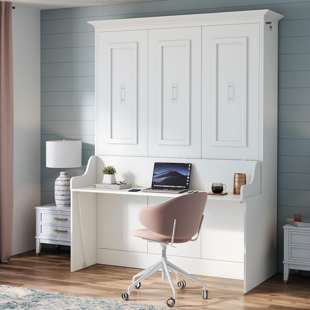 Alegra Full Murphy Bed with Desk | Engineered and Solid Wood Construction | Smooth Painted Finish - NO Melamine Used | Perfect for a Home Office Guest Bed (Warm White)