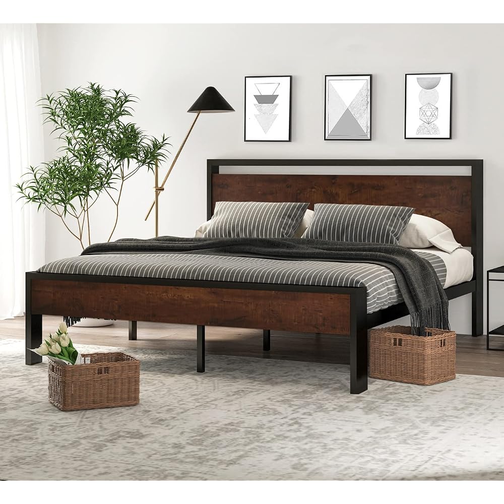 14 Inch King Size Metal Platform Bed Frame with Wooden Headboard and Footboard, Mattress Foundation, No Box Spring Needed, Large Under Bed Storage, Mahogany