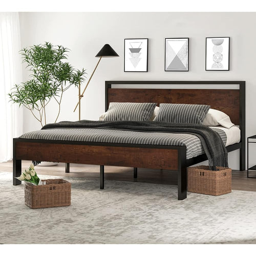 14 Inch King Size Metal Platform Bed Frame with Wooden Headboard and Footboard, Mattress Foundation, No Box Spring Needed, Large Under Bed Storage, Mahogany