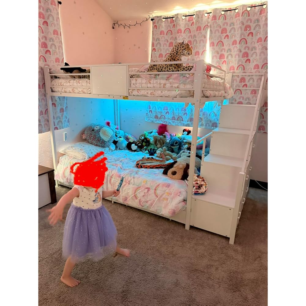 Bunk Bed Full Over Full with Stairs, Storage Drawers and LED Lights