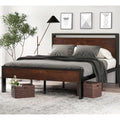 14 Inch Queen Size Metal Platform Bed Frame with Wooden Headboard and Footboard, Mattress Foundation, No Box Spring Needed, Large Under Bed Storage, Non-Slip Without Noise, Mahogany