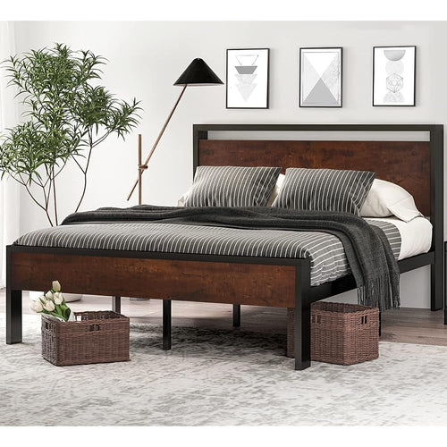 14 Inch Queen Size Metal Platform Bed Frame with Wooden Headboard and Footboard, Mattress Foundation, No Box Spring Needed, Large Under Bed Storage, Non-Slip Without Noise, Mahogany