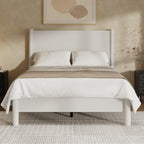 Full Size Platform Bed Frame with Wood Headboard, White