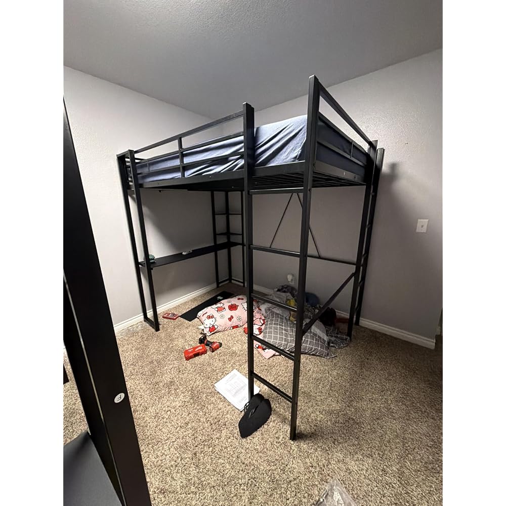 Loft Bed Full Size with Desk and Storage Shelves, Frame with 2 Side Ladders for Kids, Teens Adults, Spcace-Saving Noise-Free and Anti-tilt Design, Black