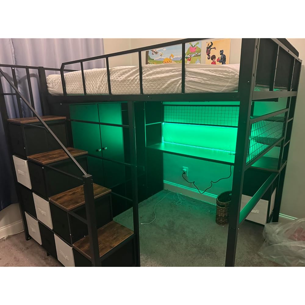Full Size Loft Bed with Desk, Stairs & LED Light, Metal Gaming Loft Bed Frame with Headboard, Safety Guardrails, Charging Station, Closet & Fabric Drawers, Space Saving, Black & Burnt Wood
