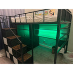 Full Size Loft Bed with Desk, Stairs & LED Light, Metal Gaming Loft Bed Frame with Headboard, Safety Guardrails, Charging Station, Closet & Fabric Drawers, Space Saving, Black & Burnt Wood