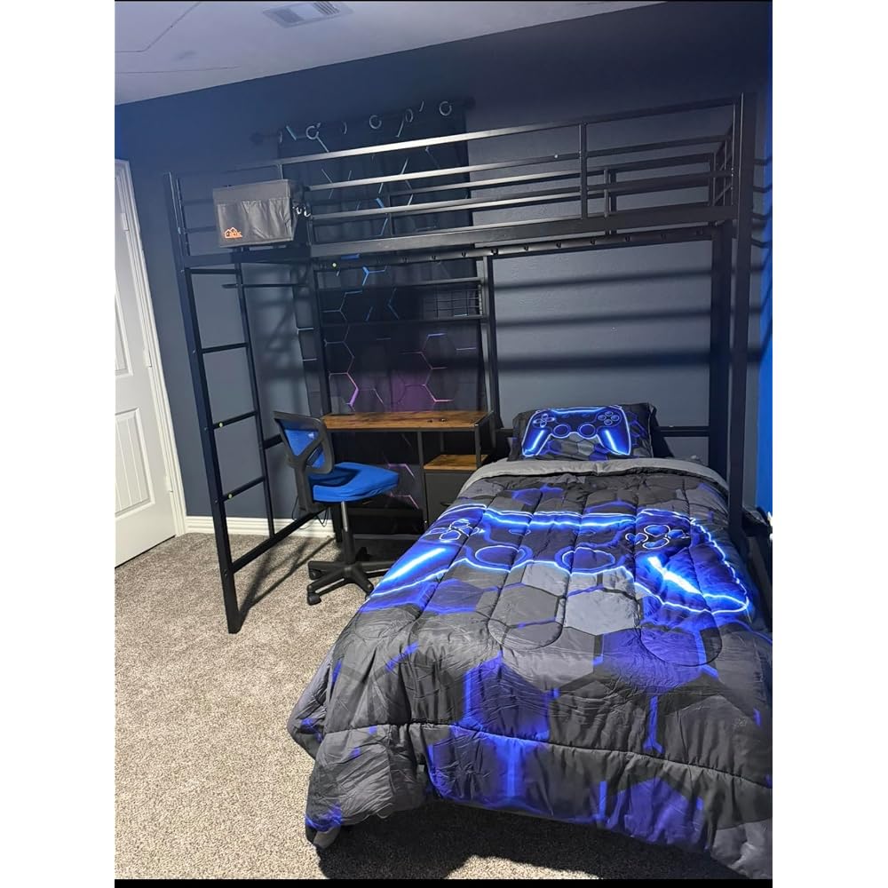 Bunk Bed Full Over Twin with Desk, Led Lights and Charging Station,Black