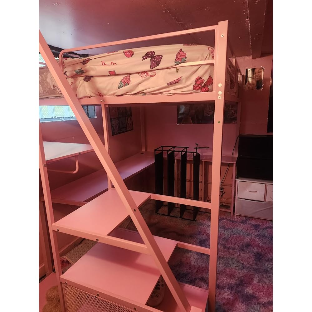 Stairway Twin Size Loft Bed with L Shaped Desk and Wardrobe, Metal Loft Bed Frame with Storage Stairs, 3 Fabric Drawers, LED Lights & Charging Sation (Rustic Brown, Twin)