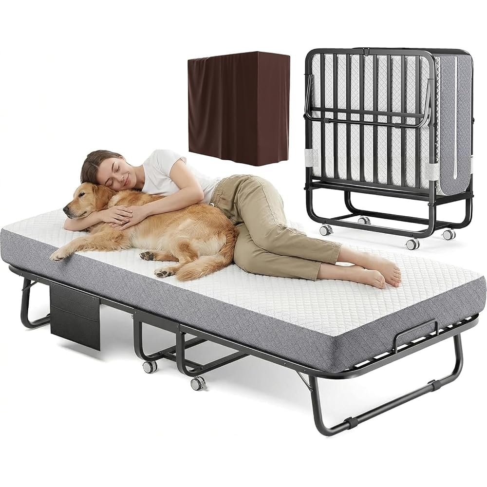 Folding Bed with Memory Foam Mattress Portable Rollaway Guest Beds on Wheels, 75"x31" Twin Size Space-Saving Cot-Size Bed for Adults with Easy Assembly Metal Frame (White)