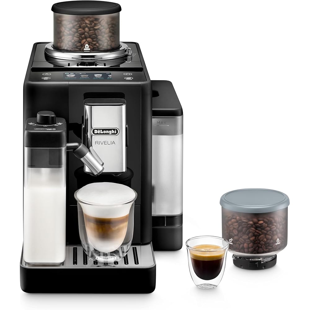 De'Longhi Rivelia Automatic Espresso Machine with Grinder &amp; Milk Frother – All-in-One Coffee Maker, Hot &amp; Iced Latte, Cappuccino, Bean Switch System, Burr Grinder, Compact Italian Design, Black