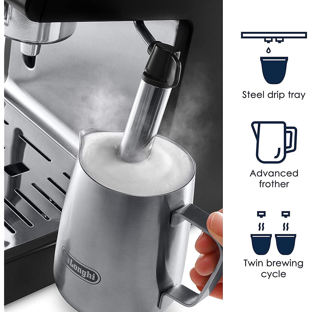 De'Longhi 15-Bar Pump Espresso Machine with Milk Frother &amp; Temperature Control Compact Barista Coffee Maker Kit for Espresso, Latte, Cappuccino &amp; Iced Coffee, Easy to Clean Design
