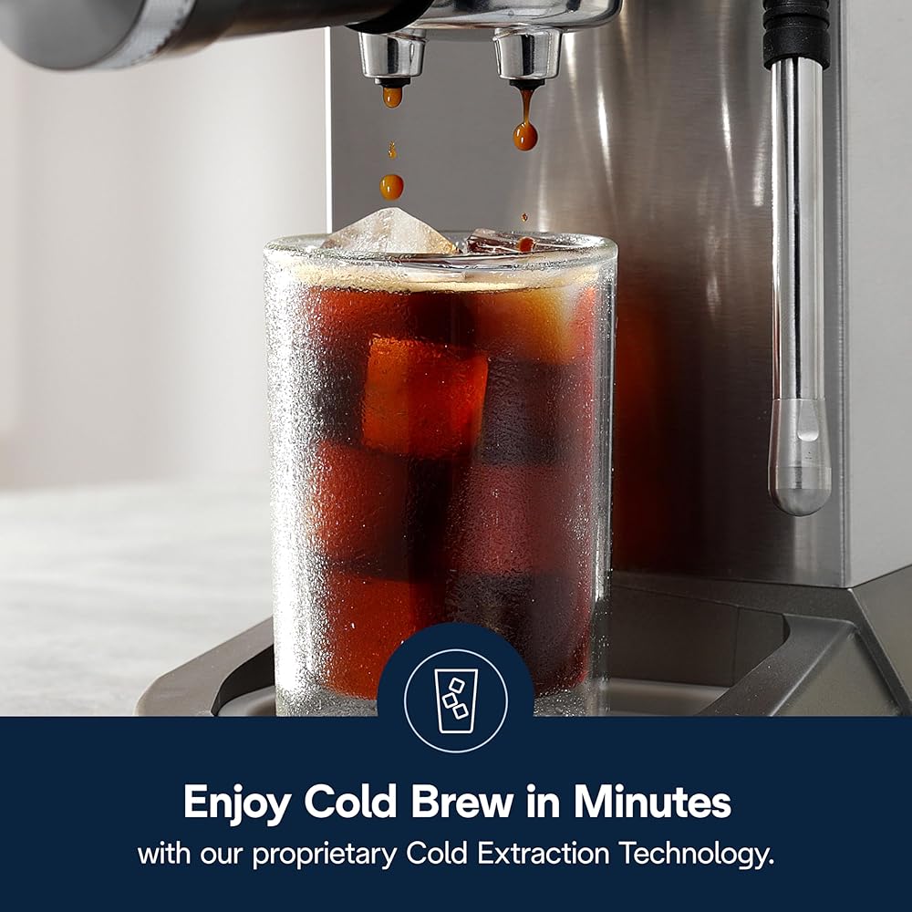 De'Longhi Dedica Duo Compact Espresso Machine Cold Brew Coffee Maker with Milk Frother Wandfor Espresso, Hot &amp; Iced Coffee, Cappuccinos, Lattes &amp; Home Barista Brewing, Stainless Steel
