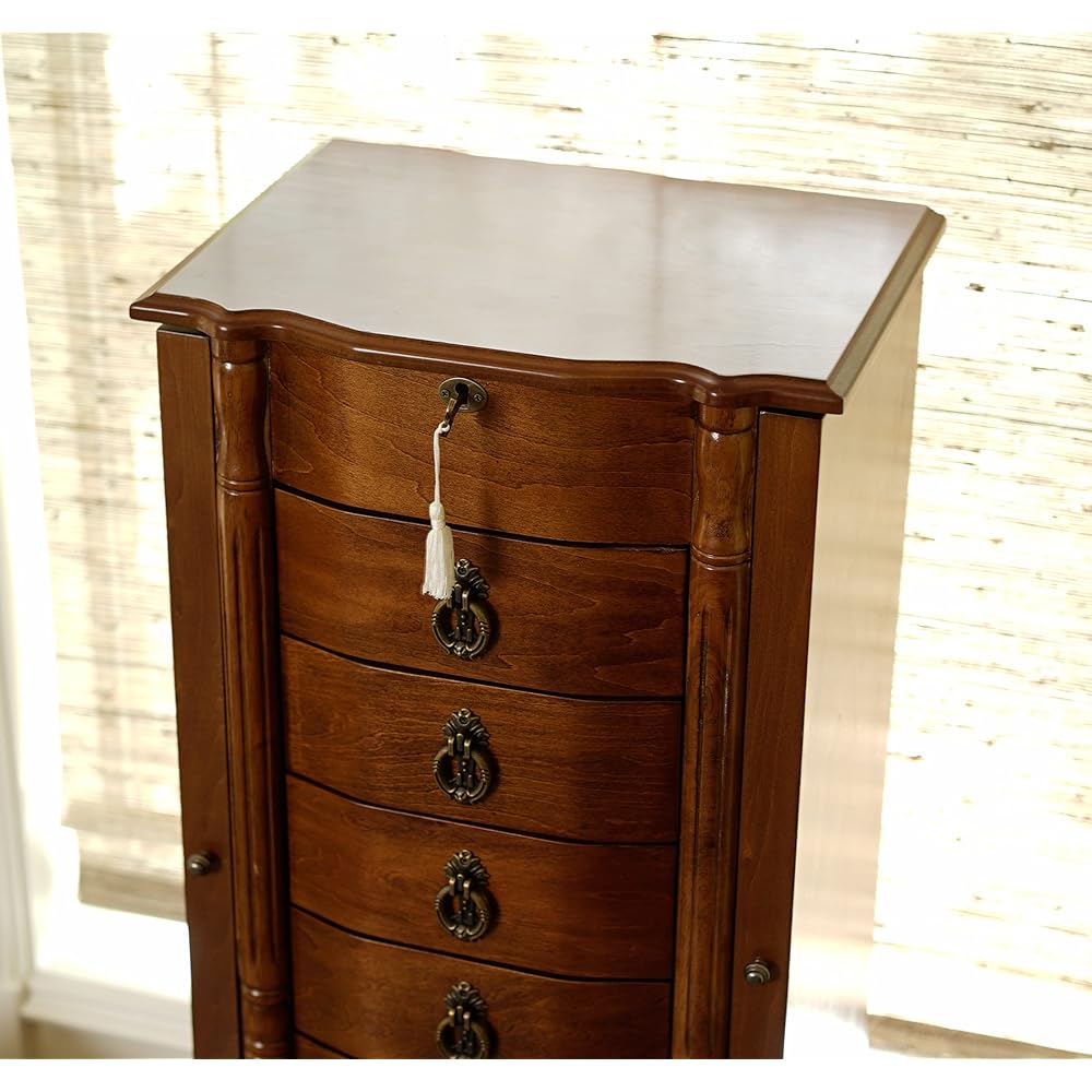 Hives and Honey Sheffield Traditional Standing Jewelry Armoire Cabinet, Antique Locking Storage Organizer with Mirror, 8 Drawers, Necklace Hooks, Anti-Tarnish Lining, Walnut