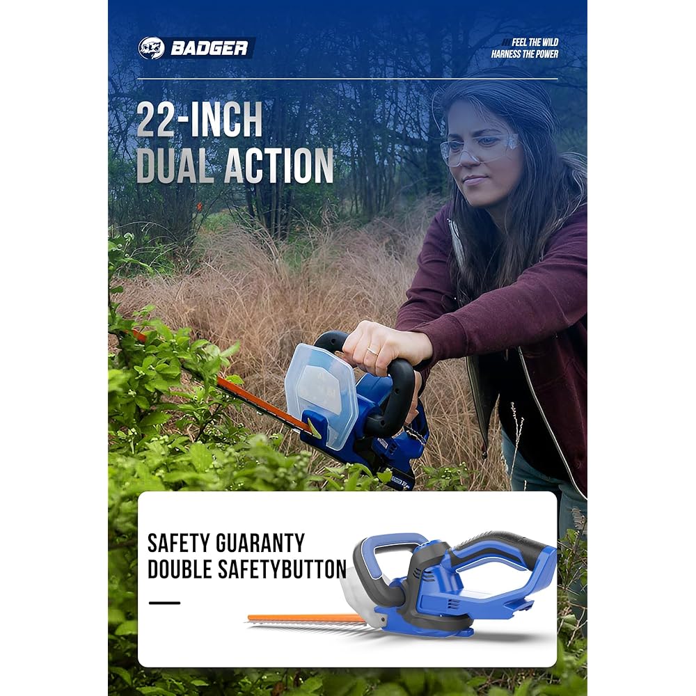 WILD BADGER POWER 20v Hedge Trimmer Upgrated, 22" Cordless with Guard &amp; Bumper, Lightweight, Powerful, 2.0AH Battery and Charger Included