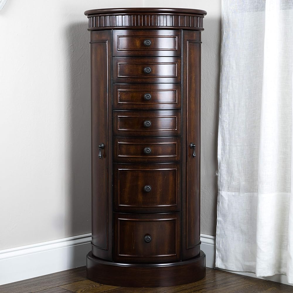 Hives and Honey Bailee Jewelry Armoire – Oval Shape Jewelry Organizer with 7 Drawers, Vanity Mirror, Ring Rolls &amp; Necklace Hooks – Walnut