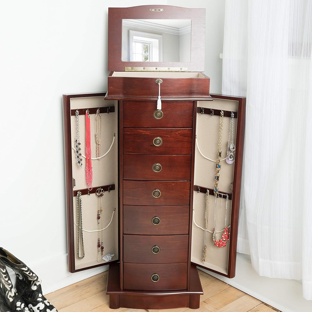 Alveare Home North Locking 7-Drawer Jewelry Armoire – Spacious Organizer with Mirror, Necklace Hooks &amp; Anti-Tarnish Lining, Cherry