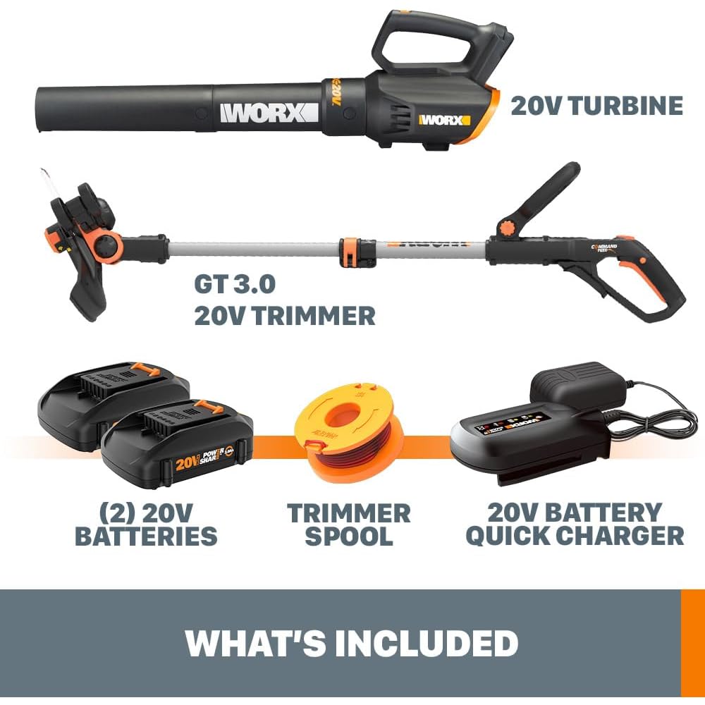 Worx 20V String Trimmer Cordless &amp; Edger 3.0 + Leaf Blower Cordless with Battery and Charger Turbine, Black and Orange