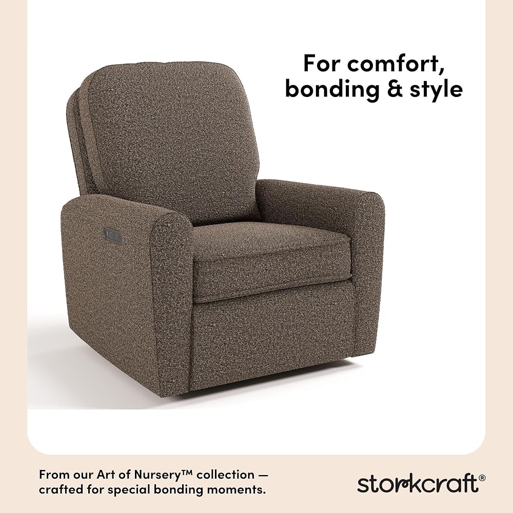 Storkcraft Amalfi Deluxe Power Recliner Swivel Glider (Mountain Brown Boucle) – Premium Electronic Power Recliner for Nursery, Includes Dual-USB Charging Port with USB-A &amp; USB-C, Glider Rocking Chair