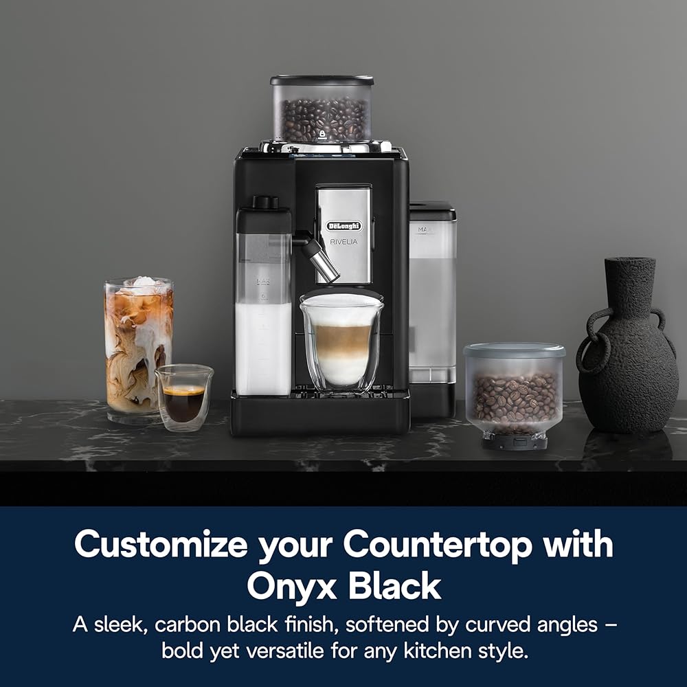 De'Longhi Rivelia Automatic Espresso Machine with Grinder &amp; Milk Frother – All-in-One Coffee Maker, Hot &amp; Iced Latte, Cappuccino, Bean Switch System, Burr Grinder, Compact Italian Design, Black